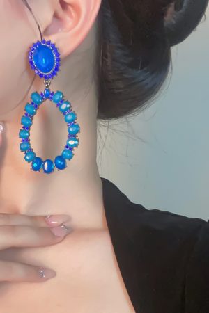Trendy Geometric Hoop Earrings for Women - Fashionable Blue Hollow Accessories, Exaggerated European American Style 2025