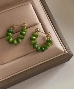 Trendy Green Circle Earrings for Women, Vintage Style Ear Studs with Unique Design, 2025 Fashion Statement Accessories