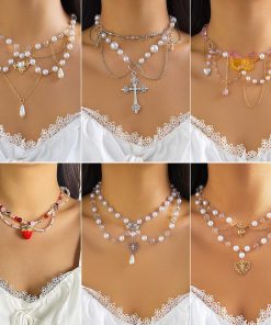 Trendy Heart-Shaped Faux Pearl Beaded Necklace for Women, European and American Cross-Border Fashion Jewelry for Hot Girls