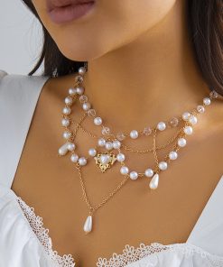 Trendy Heart-Shaped Faux Pearl Beaded Necklace for Women, European and American Cross-Border Fashion Jewelry for Hot Girls
