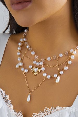 Trendy Heart-Shaped Faux Pearl Beaded Necklace for Women, European and American Cross-Border Fashion Jewelry for Hot Girls