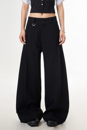 Trendy High-End Black Wide-Leg Pants for Women | Casual Loose Draped Trousers | Versatile Slimming Style