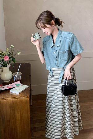 Trendy High-End Denim Short Jacket with Striped Spaghetti Strap Dress for Women - Chic Socialite Style, Perfect for 90s and Y2K Fashion