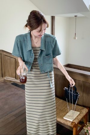 Trendy High-End Denim Short Jacket with Striped Spaghetti Strap Dress for Women - Chic Socialite Style, Perfect for 90s and Y2K Fashion