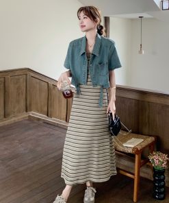 Trendy High-End Denim Short Jacket with Striped Spaghetti Strap Dress for Women - Chic Socialite Style, Perfect for 90s and Y2K Fashion