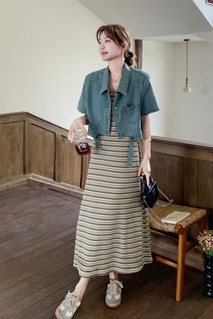 Trendy High-End Denim Short Jacket with Striped Spaghetti Strap Dress for Women - Chic Socialite Style, Perfect for 90s and Y2K Fashion