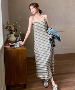 Trendy High-End Denim Short Jacket with Striped Spaghetti Strap Dress for Women - Chic Socialite Style, Perfect for 90s and Y2K Fashion