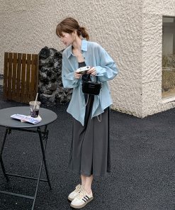 Trendy High-End Gray Slip Dress with Blue Shirt Suit - Elegant Fashion for Sophisticated Style
