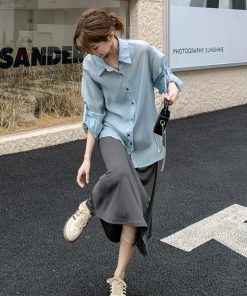 Trendy High-End Gray Slip Dress with Blue Shirt Suit - Elegant Fashion for Sophisticated Style