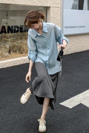 Trendy High-End Gray Slip Dress with Blue Shirt Suit - Elegant Fashion for Sophisticated Style