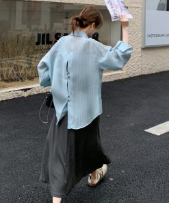 Trendy High-End Gray Slip Dress with Blue Shirt Suit - Elegant Fashion for Sophisticated Style