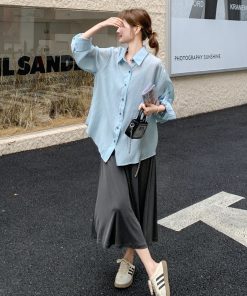 Trendy High-End Gray Slip Dress with Blue Shirt Suit - Elegant Fashion for Sophisticated Style