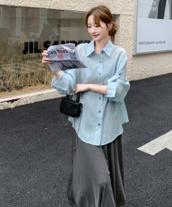 Trendy High-End Gray Slip Dress with Blue Shirt Suit - Elegant Fashion for Sophisticated Style