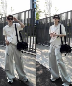 Trendy High-End Ripped Denim Long Pants for Summer - Casual Loose Fit American Style