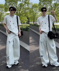 Trendy High-End Ripped Denim Long Pants for Summer - Casual Loose Fit American Style