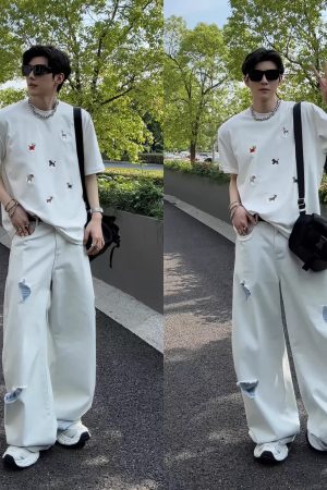 Trendy High-End Ripped Denim Long Pants for Summer - Casual Loose Fit American Style