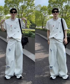 Trendy High-End Ripped Denim Long Pants for Summer - Casual Loose Fit American Style