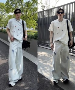 Trendy High-End Ripped Denim Long Pants for Summer - Casual Loose Fit American Style