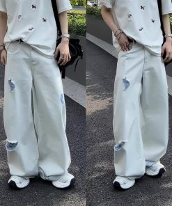 Trendy High-End Ripped Denim Long Pants for Summer - Casual Loose Fit American Style