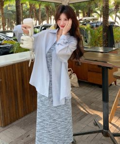 Trendy High-End Striped Camisole Dress and Shirt Two-Piece Set - Chic Summer Outfit for Elegant Style