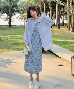 Trendy High-End Striped Camisole Dress and Shirt Two-Piece Set - Chic Summer Outfit for Elegant Style