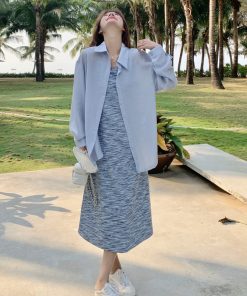 Trendy High-End Striped Camisole Dress and Shirt Two-Piece Set - Chic Summer Outfit for Elegant Style