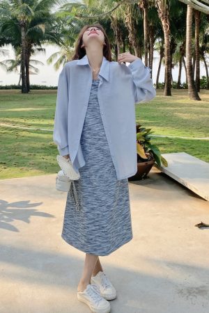 Trendy High-End Striped Camisole Dress and Shirt Two-Piece Set - Chic Summer Outfit for Elegant Style