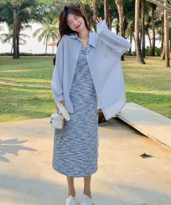 Trendy High-End Striped Camisole Dress and Shirt Two-Piece Set - Chic Summer Outfit for Elegant Style