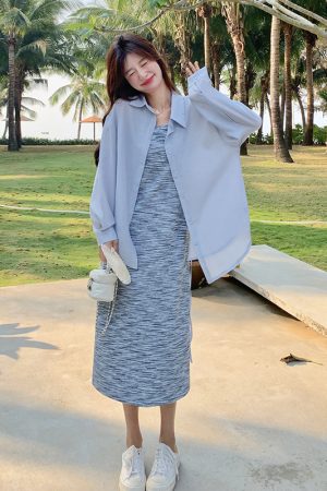Trendy High-End Striped Camisole Dress and Shirt Two-Piece Set - Chic Summer Outfit for Elegant Style