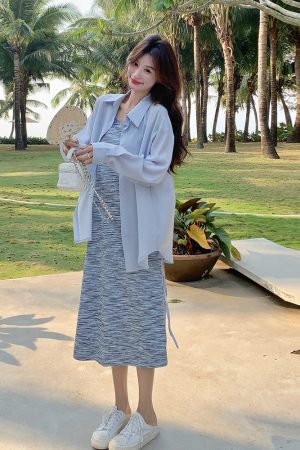 Trendy High-End Striped Camisole Dress and Shirt Two-Piece Set - Chic Summer Outfit for Elegant Style