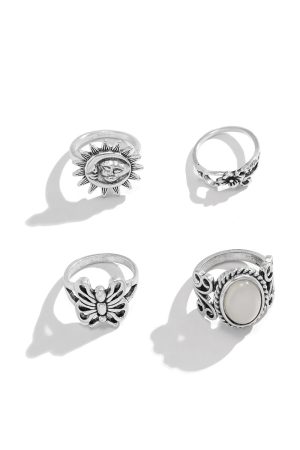 Trendy Hip-Hop Retro Egg Face and Butterfly Ring Set - European and American Jewelry Design for Unique Style