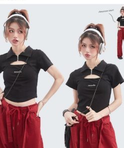 Trendy Hollow Out Polo Collar Crop Top - Unique Short Sleeve T-Shirt for Summer - High Street Fashion Style