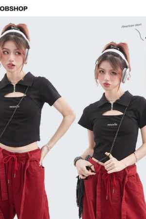 Trendy Hollow Out Polo Collar Crop Top - Unique Short Sleeve T-Shirt for Summer - High Street Fashion Style