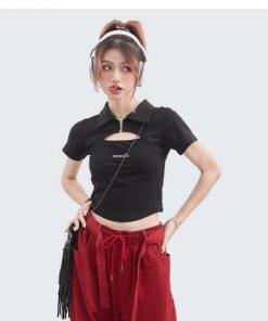 Trendy Hollow Out Polo Collar Crop Top - Unique Short Sleeve T-Shirt for Summer - High Street Fashion Style