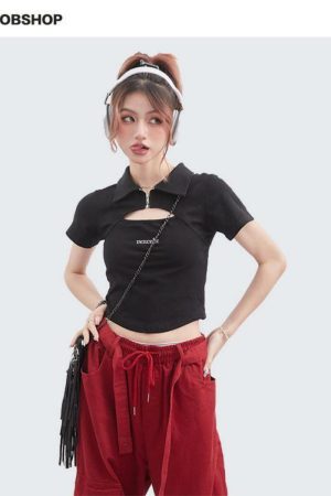 Trendy Hollow Out Polo Collar Crop Top - Unique Short Sleeve T-Shirt for Summer - High Street Fashion Style