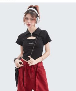 Trendy Hollow Out Polo Collar Crop Top - Unique Short Sleeve T-Shirt for Summer - High Street Fashion Style