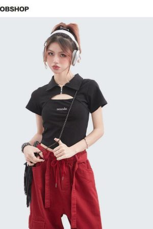 Trendy Hollow Out Polo Collar Crop Top - Unique Short Sleeve T-Shirt for Summer - High Street Fashion Style