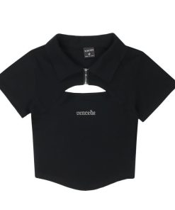 Trendy Hollow Out Polo Collar Crop Top - Unique Short Sleeve T-Shirt for Summer - High Street Fashion Style