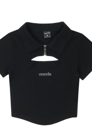 Trendy Hollow Out Polo Collar Crop Top - Unique Short Sleeve T-Shirt for Summer - High Street Fashion Style