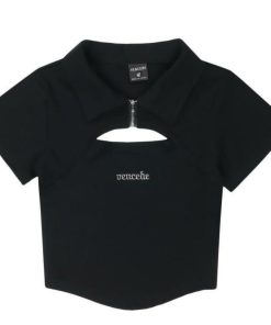 Trendy Hollow Out Polo Collar Crop Top - Unique Short Sleeve T-Shirt for Summer - High Street Fashion Style