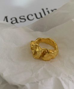 Trendy Irregular Gold-Plated Open Finger Ring - European American Style with Pleated Lava Design for a Unique Fashion Statement