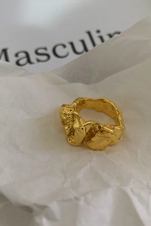 Trendy Irregular Gold-Plated Open Finger Ring - European American Style with Pleated Lava Design for a Unique Fashion Statement