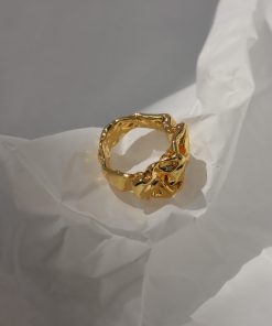Trendy Irregular Gold-Plated Open Finger Ring - European American Style with Pleated Lava Design for a Unique Fashion Statement