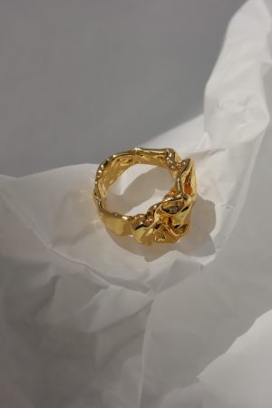 Trendy Irregular Gold-Plated Open Finger Ring - European American Style with Pleated Lava Design for a Unique Fashion Statement