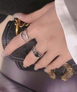 Trendy Korean and Japanese 925 Sterling Silver Open Ring for Women, Retro Black Agate Index Finger Ring with Luxe Appeal
