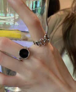 Trendy Korean and Japanese 925 Sterling Silver Open Ring for Women, Retro Black Agate Index Finger Ring with Luxe Appeal