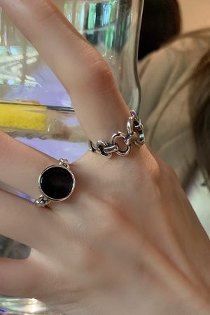 Trendy Korean and Japanese 925 Sterling Silver Open Ring for Women, Retro Black Agate Index Finger Ring with Luxe Appeal