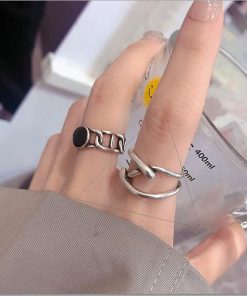 Trendy Korean and Japanese 925 Sterling Silver Open Ring for Women, Retro Black Agate Index Finger Ring with Luxe Appeal