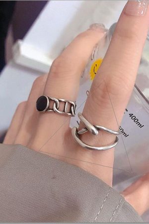 Trendy Korean and Japanese 925 Sterling Silver Open Ring for Women, Retro Black Agate Index Finger Ring with Luxe Appeal