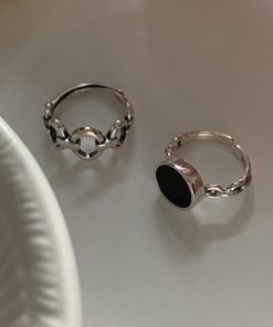 Trendy Korean and Japanese 925 Sterling Silver Open Ring for Women, Retro Black Agate Index Finger Ring with Luxe Appeal